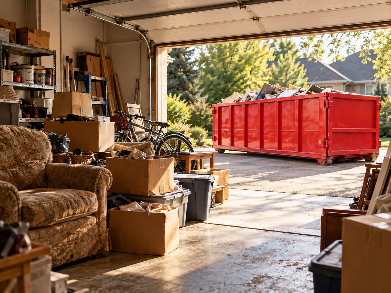 A cluttered garage mid-cleanout with a red bin waiting on the driveway
