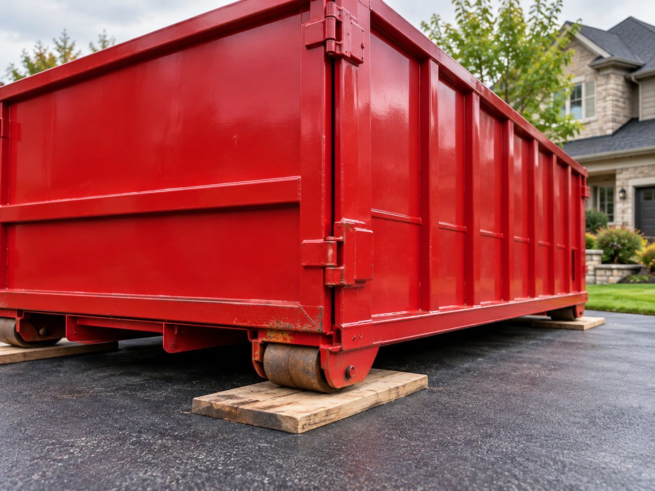 Protective boards laid under a roll-off bin on a residential driveway