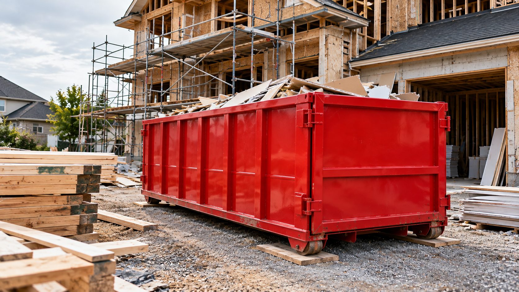 A red roll-off bin filled with construction debris on an active build site